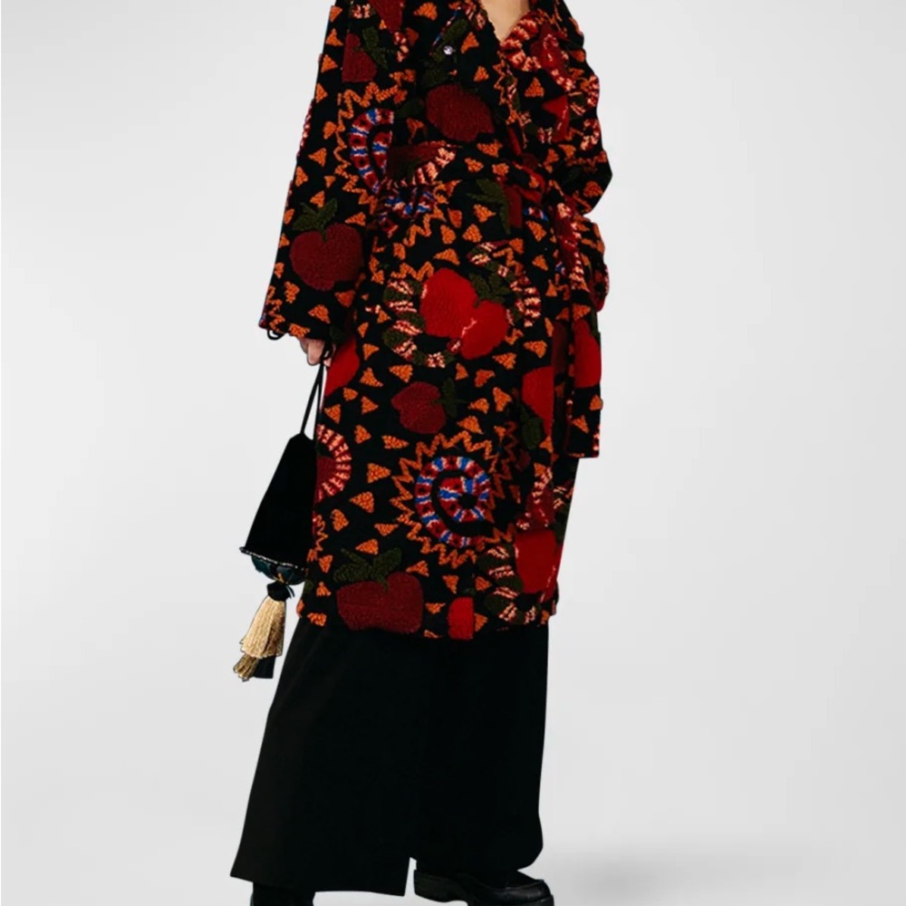 FARM Rio Black Floral-Print Wrap Coat with Red & Green Accents